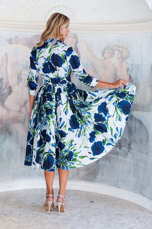 Terry Dress Shirt Collar 3/4 Sleeve Midi Length Poliamide Taffta (Fiori Poppy Big Pastel)