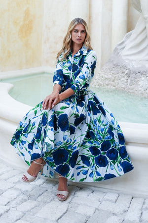 Terry Dress Shirt Collar 3/4 Sleeve Midi Length Poliamide Taffta (Fiori Poppy Big Pastel)