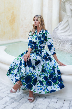 Terry Dress Shirt Collar 3/4 Sleeve Midi Length Poliamide Taffta (Fiori Poppy Big Pastel)