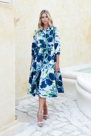 Terry Dress Shirt Collar 3/4 Sleeve Midi Length Poliamide Taffta (Fiori Poppy Big Pastel)