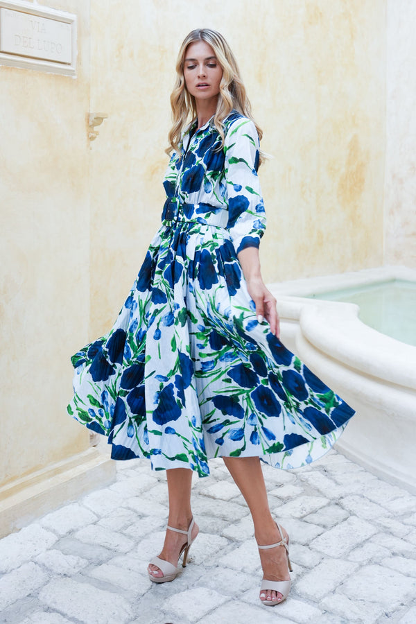 Terry Dress Shirt Collar 3/4 Sleeve Midi Length Poliamide Taffta (Fiori Poppy Big Pastel)