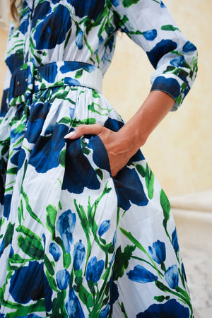 Terry Dress Shirt Collar 3/4 Sleeve Midi Length Poliamide Taffta (Fiori Poppy Big Pastel)