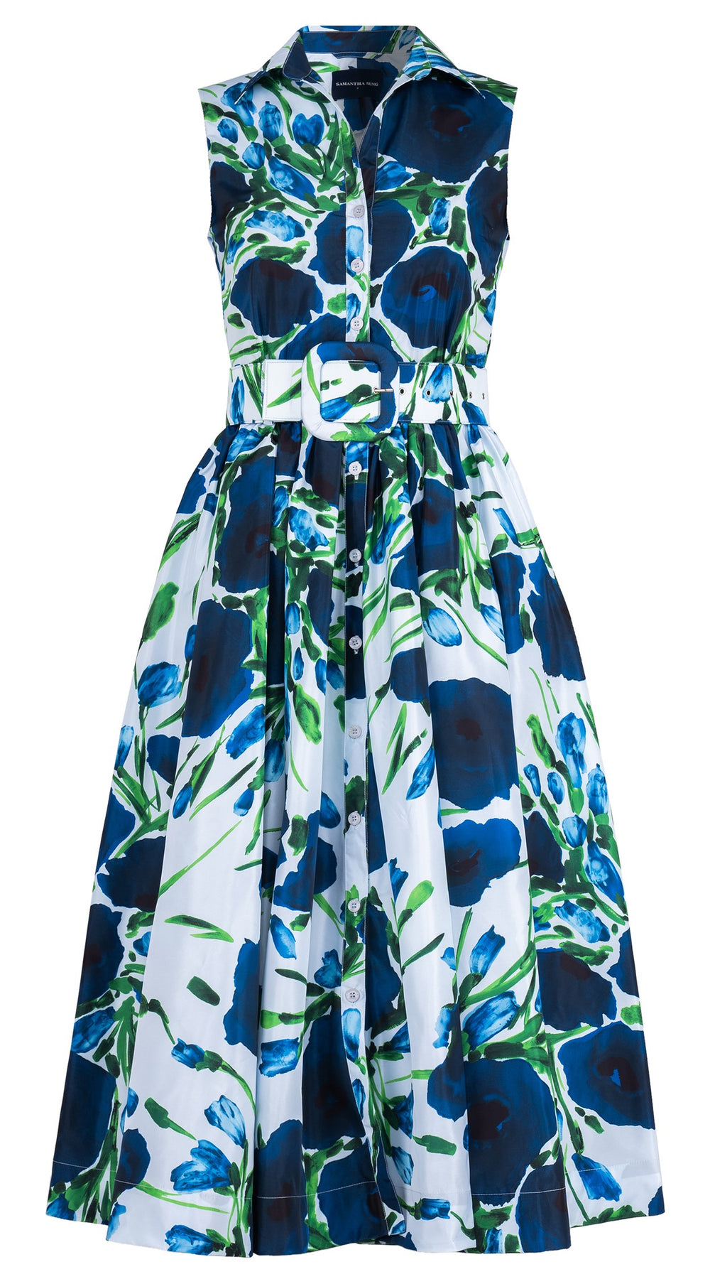 Terry Dress Shirt Collar Sleeveless Midi Plus Length Silk Taffta (Fiori Poppy Big Pastel)