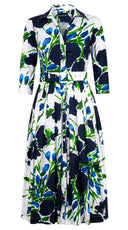 Audrey Dress #2 Shirt Collar 3/4 Sleeve Midi Length Cotton Stretch (Fiori Poppy Big White)