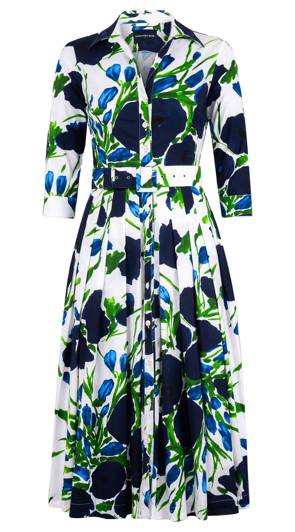 Audrey Dress #2 Shirt Collar 3/4 Sleeve Midi Length Cotton Stretch (Fiori Poppy Big White)