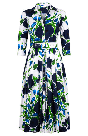 Audrey Dress #2 Shirt Collar 3/4 Sleeve Midi Length Cotton Stretch (Fiori Poppy White)