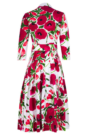 Audrey Dress #2 Shirt Collar 3/4 Sleeve Long Length Cotton Stretch (Fiori Poppy White)