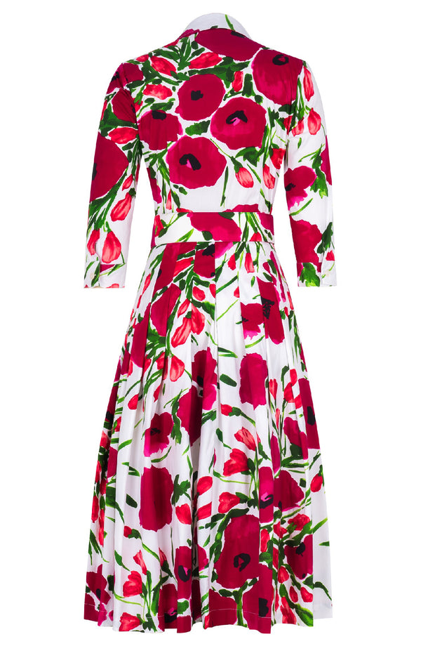 Audrey Dress #2 Shirt Collar 3/4 Sleeve Long Length Cotton Stretch (Fiori Poppy White)