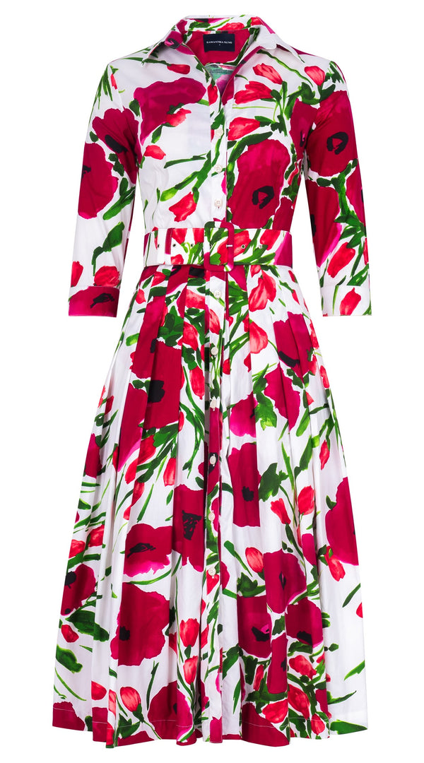 Audrey Dress #2 Shirt Collar 3/4 Sleeve Long Length Cotton Stretch (Fiori Poppy Big White)