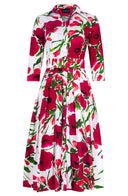 Audrey Dress #2 Shirt Collar 3/4 Sleeve Long Length Cotton Stretch (Fiori Poppy White)