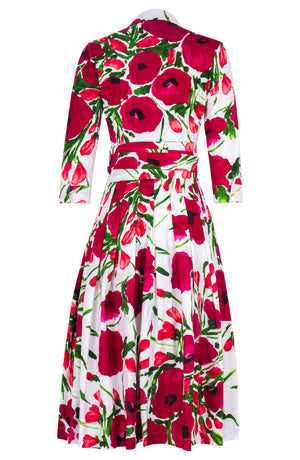 Audrey Dress #2 Shirt Collar 3/4 Sleeve Long Length Cotton Stretch (Fiori Poppy White)