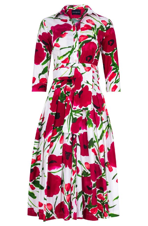 Audrey Dress #2 Shirt Collar 3/4 Sleeve Long Length Cotton Stretch (Fiori Poppy White)