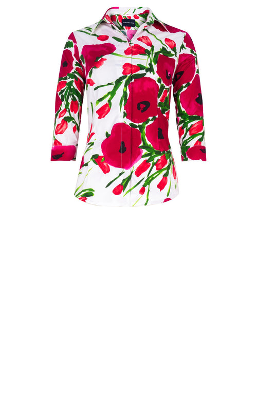 Katharine Shirt 3/4 Sleeve Cotton Stretch (Fiori Poppy White)