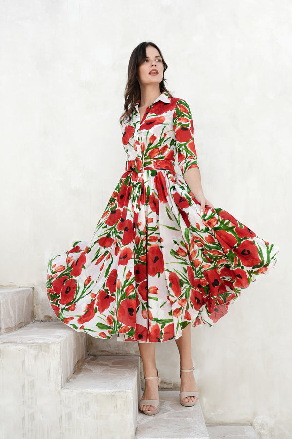 Aster Dress Shirt Collar 3/4 Sleeve Midi Length Cotton Musola (Fiori Poppy Big White)
