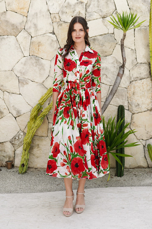 Aster Dress Shirt Collar 3/4 Sleeve Midi Length Cotton Musola (Fiori Poppy Big White)
