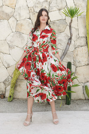Aster Dress Shirt Collar 3/4 Sleeve Midi Length Cotton Musola (Fiori Poppy Big White)