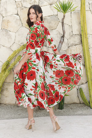 Aster Dress Shirt Collar 3/4 Sleeve Midi Length Cotton Musola (Fiori Poppy Big White)