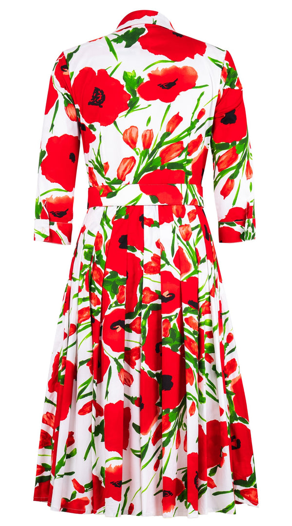 Audrey Dress #2 Shirt Collar 3/4 Sleeve Long Length Cotton Stretch (Fiori Poppy Big White)