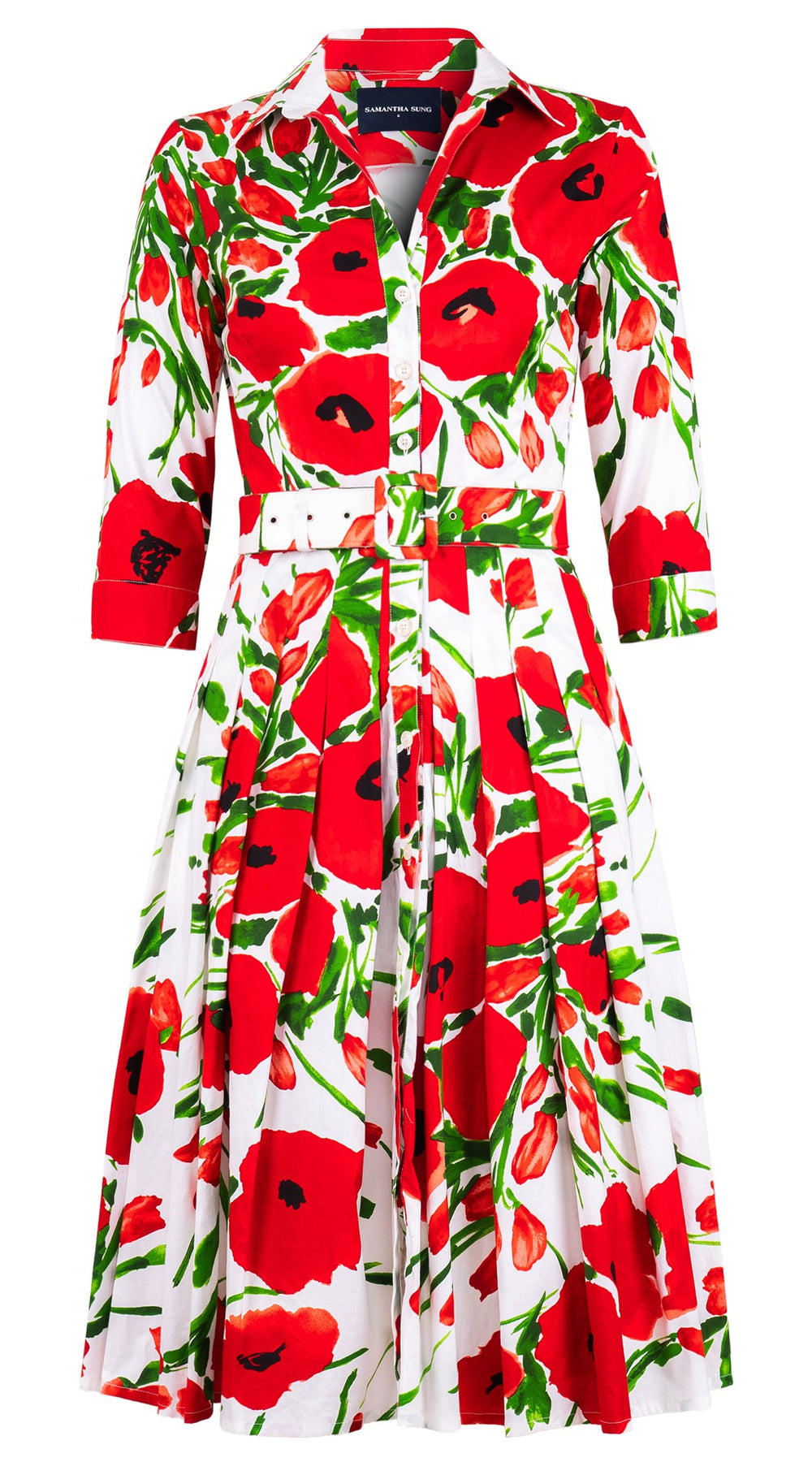 Audrey Dress #2 Shirt Collar 3/4 Sleeve Long Length Cotton Stretch (Fiori Poppy Big White)