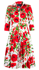Audrey Dress #2 Shirt Collar 3/4 Sleeve Long Length Cotton Stretch (Fiori Poppy Big White)