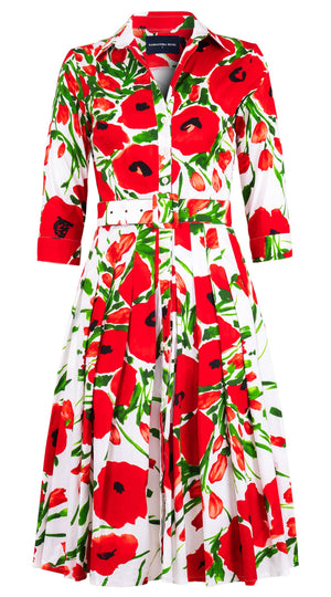 Audrey Dress #2 Shirt Collar 3/4 Sleeve Long Length Cotton Stretch (Fiori Poppy Big White)