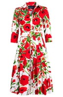 Audrey Dress #2 Shirt Collar 3/4 Sleeve Long Length Cotton Stretch (Fiori Poppy White)