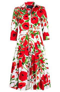 Audrey Dress #2 Shirt Collar 3/4 Sleeve Long Length Cotton Stretch (Fiori Poppy White)