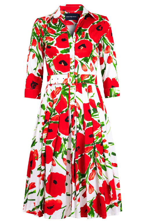 Audrey Dress #2 Shirt Collar 3/4 Sleeve Long Length Cotton Stretch (Fiori Poppy White)