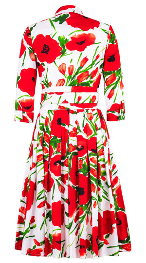 Audrey Dress #2 Shirt Collar 3/4 Sleeve Long Length Cotton Stretch (Fiori Poppy Big White)