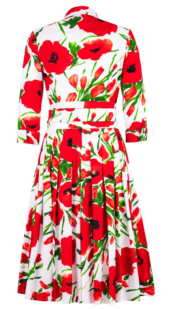 Audrey Dress #2 Shirt Collar 3/4 Sleeve Long Length Cotton Stretch (Fiori Poppy Big White)