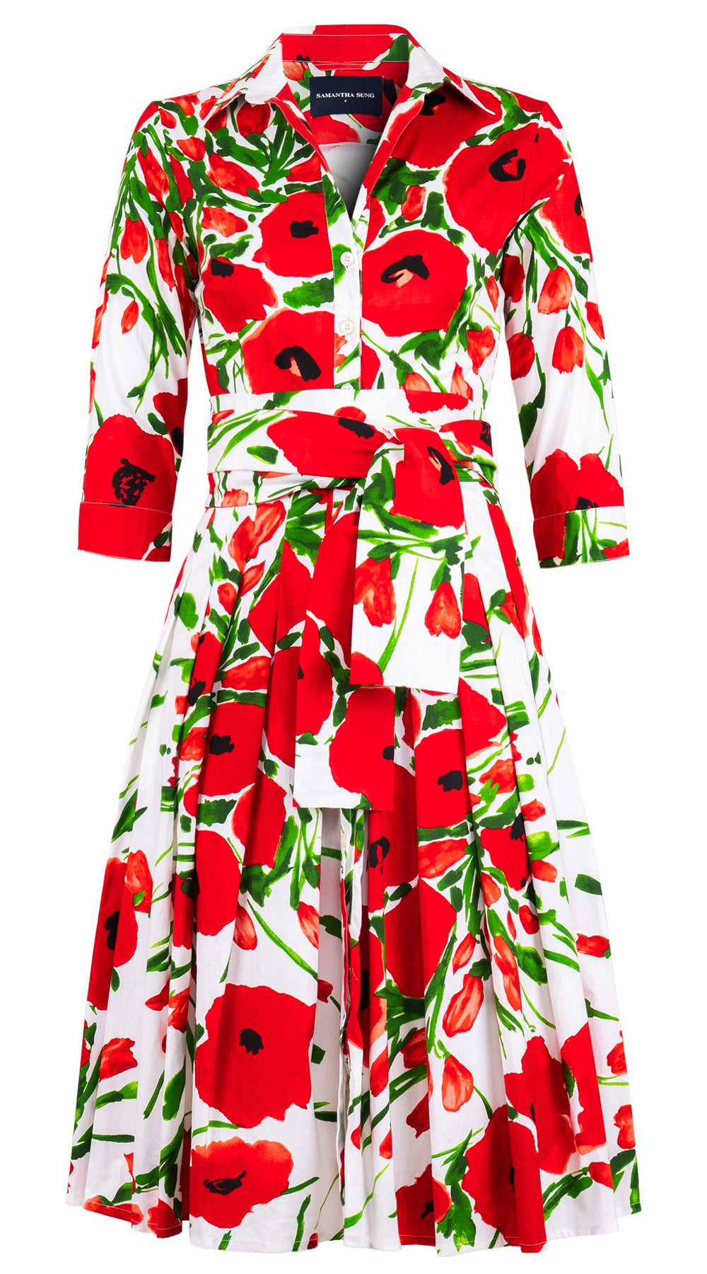 Audrey Dress #2 Shirt Collar 3/4 Sleeve Long Length Cotton Stretch (Fiori Poppy Big White)