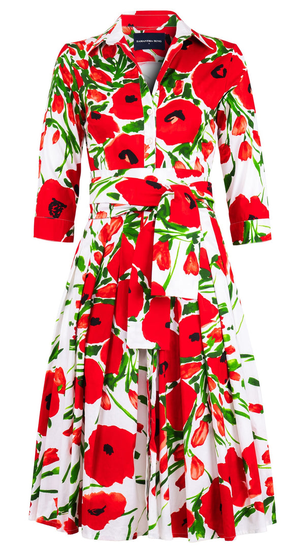 Audrey Dress #2 Shirt Collar 3/4 Sleeve Long Length Cotton Stretch (Fiori Poppy Big White)