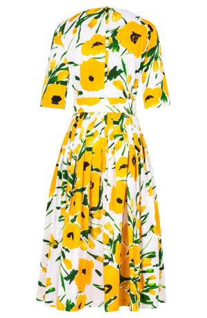 Florance Dress Crew Neck 1/2 Sleeve Midi Length Cotton Stretch (Fiori Poppy White)