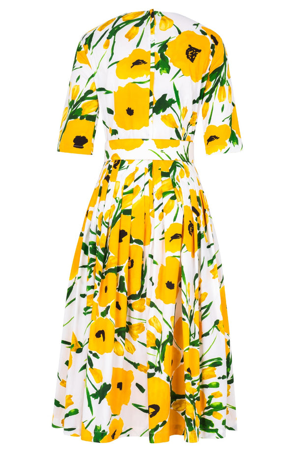 Florance Dress Crew Neck 1/2 Sleeve Midi Length Cotton Stretch (Fiori Poppy White)