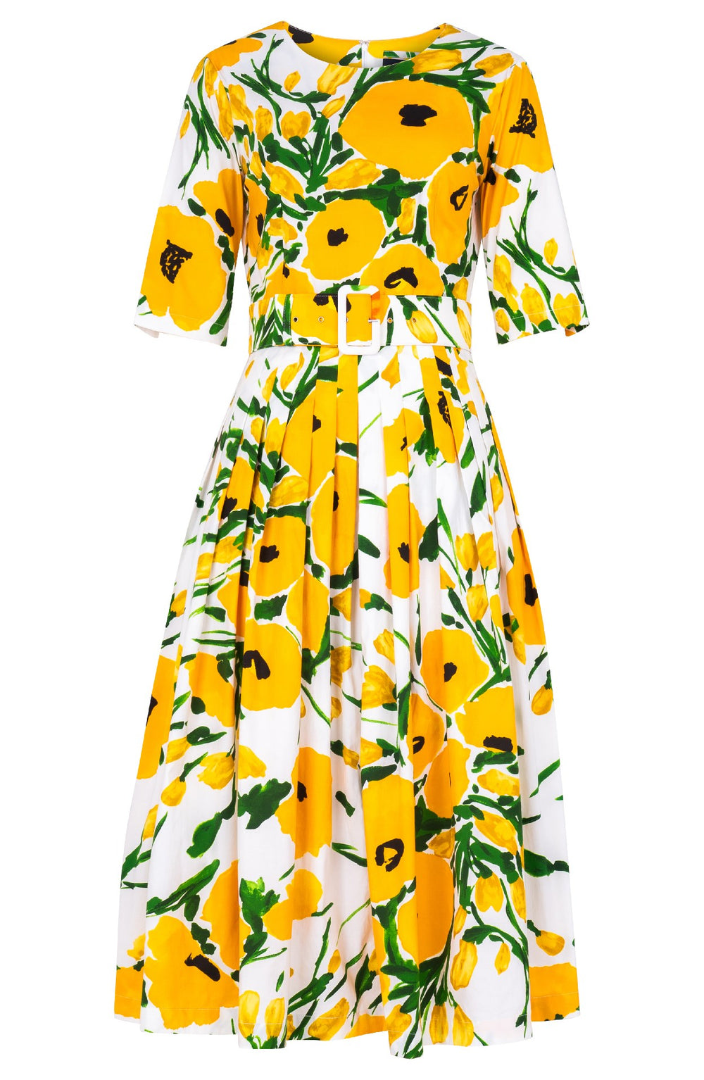 Florance Dress Crew Neck 1/2 Sleeve Midi Length Cotton Stretch (Fiori Poppy White)