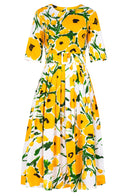 Florance Dress Crew Neck 1/2 Sleeve Midi Length Cotton Stretch (Fiori Poppy White)