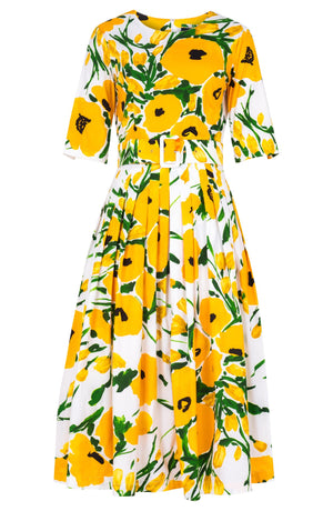 Florance Dress Crew Neck 1/2 Sleeve Midi Length Cotton Stretch (Fiori Poppy White)