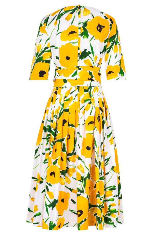 Florance Dress Crew Neck 1/2 Sleeve Midi Length Cotton Stretch (Fiori Poppy White)