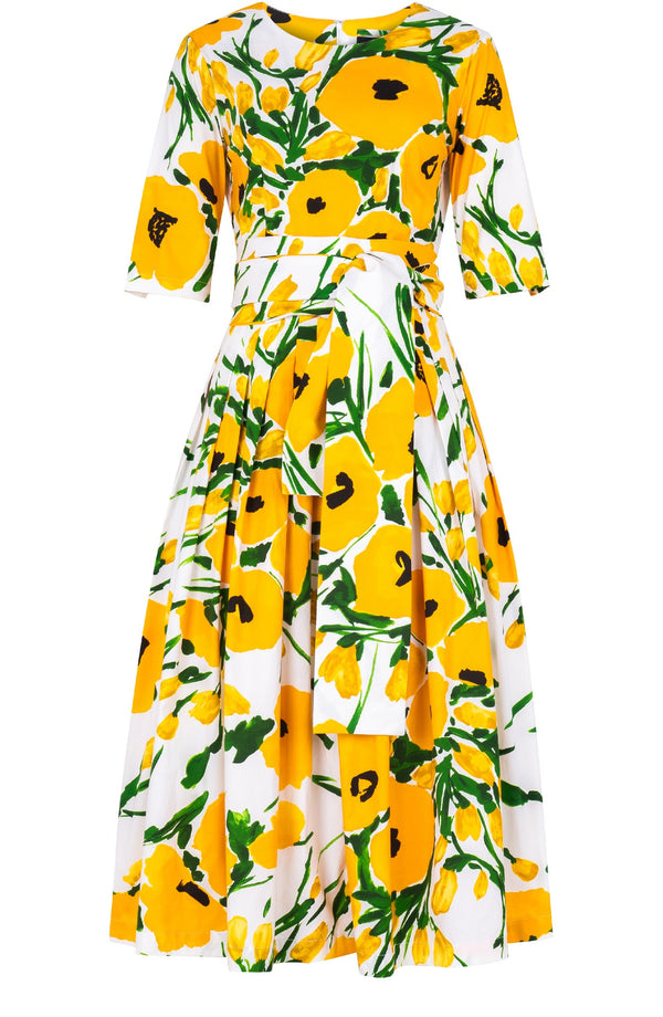 Florance Dress Crew Neck 1/2 Sleeve Midi Length Cotton Stretch (Fiori Poppy White)