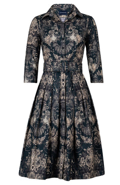 Audrey Dress #1 Shirt Collar 3/4 Sleeve Long Length Cotton Stretch (Firenze Velvet Dark)