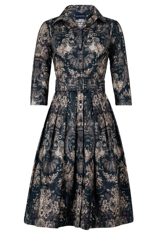Audrey Dress #1 Shirt Collar 3/4 Sleeve Long Length Cotton Stretch (Firenze Velvet Dark)