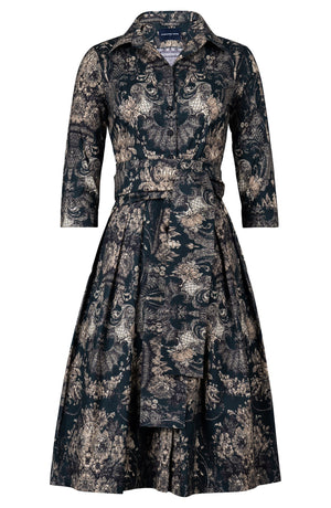Audrey Dress #1 Shirt Collar 3/4 Sleeve Long Length Cotton Stretch (Firenze Velvet Dark)