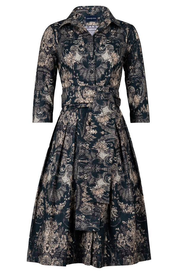Audrey Dress #1 Shirt Collar 3/4 Sleeve Long Length Cotton Stretch (Firenze Velvet Dark)
