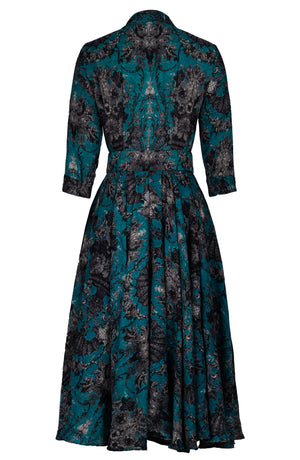 Aster Dress Shirt Collar 3/4 Sleeve Midi Length Wool (Firenze Dusty) - Dusty Aqua Taupe