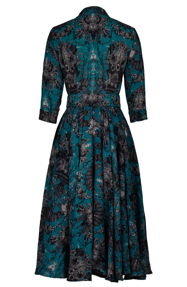 Aster Dress Shirt Collar 3/4 Sleeve Midi Length Wool (Firenze Dusty) - Dusty Aqua Taupe