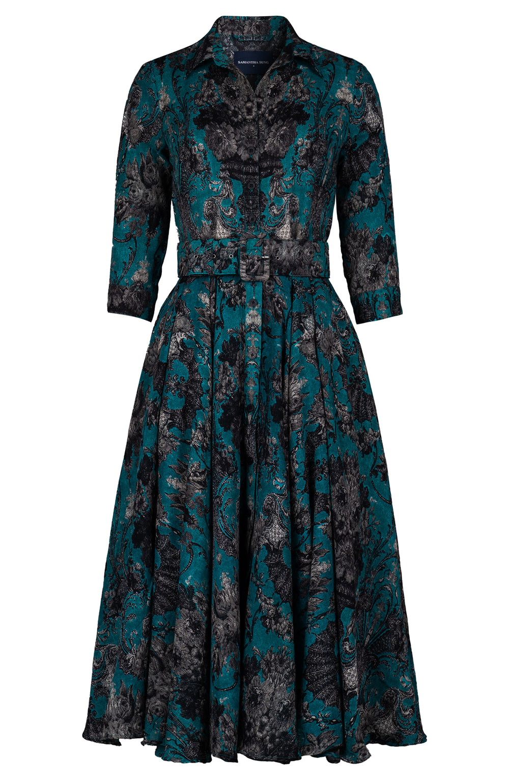Aster Dress Shirt Collar 3/4 Sleeve Midi Length Wool (Firenze Dusty) - Dusty Aqua Taupe