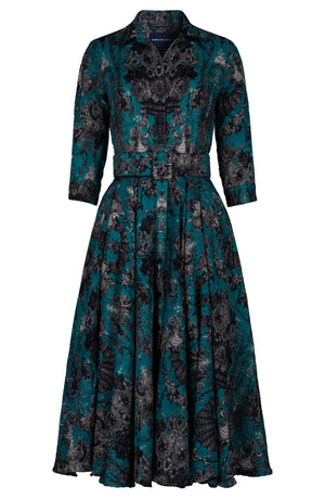 Aster Dress Shirt Collar 3/4 Sleeve Midi Length Wool (Firenze Dusty) - Dusty Aqua Taupe