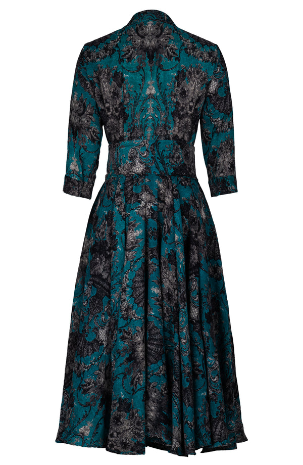 Aster Dress Shirt Collar 3/4 Sleeve Midi Length Wool (Firenze Dusty) - Dusty Aqua Taupe