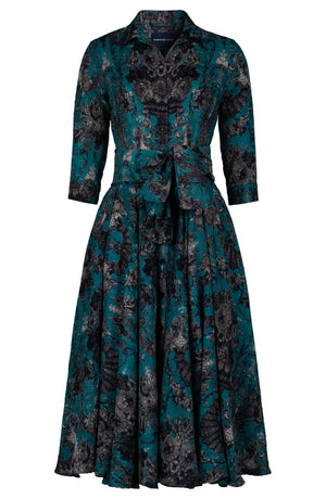 Aster Dress Shirt Collar 3/4 Sleeve Midi Length Wool (Firenze Dusty) - Dusty Aqua Taupe