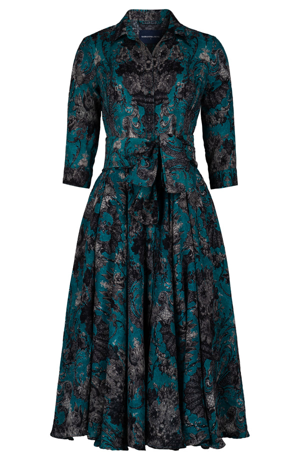 Aster Dress Shirt Collar 3/4 Sleeve Midi Length Wool (Firenze Dusty) - Dusty Aqua Taupe